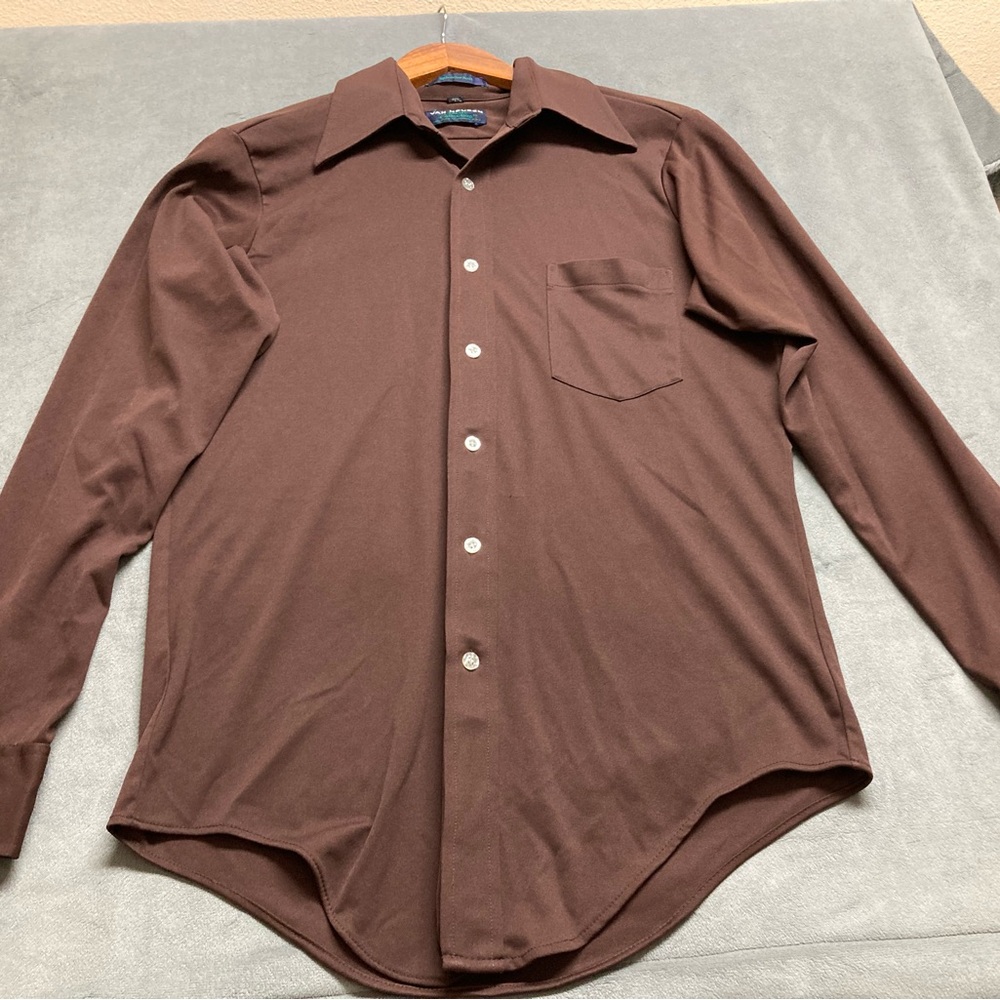 Vintage Van Heusen Splendor Knit Brown Polyester Disco Dress Button up Shirt